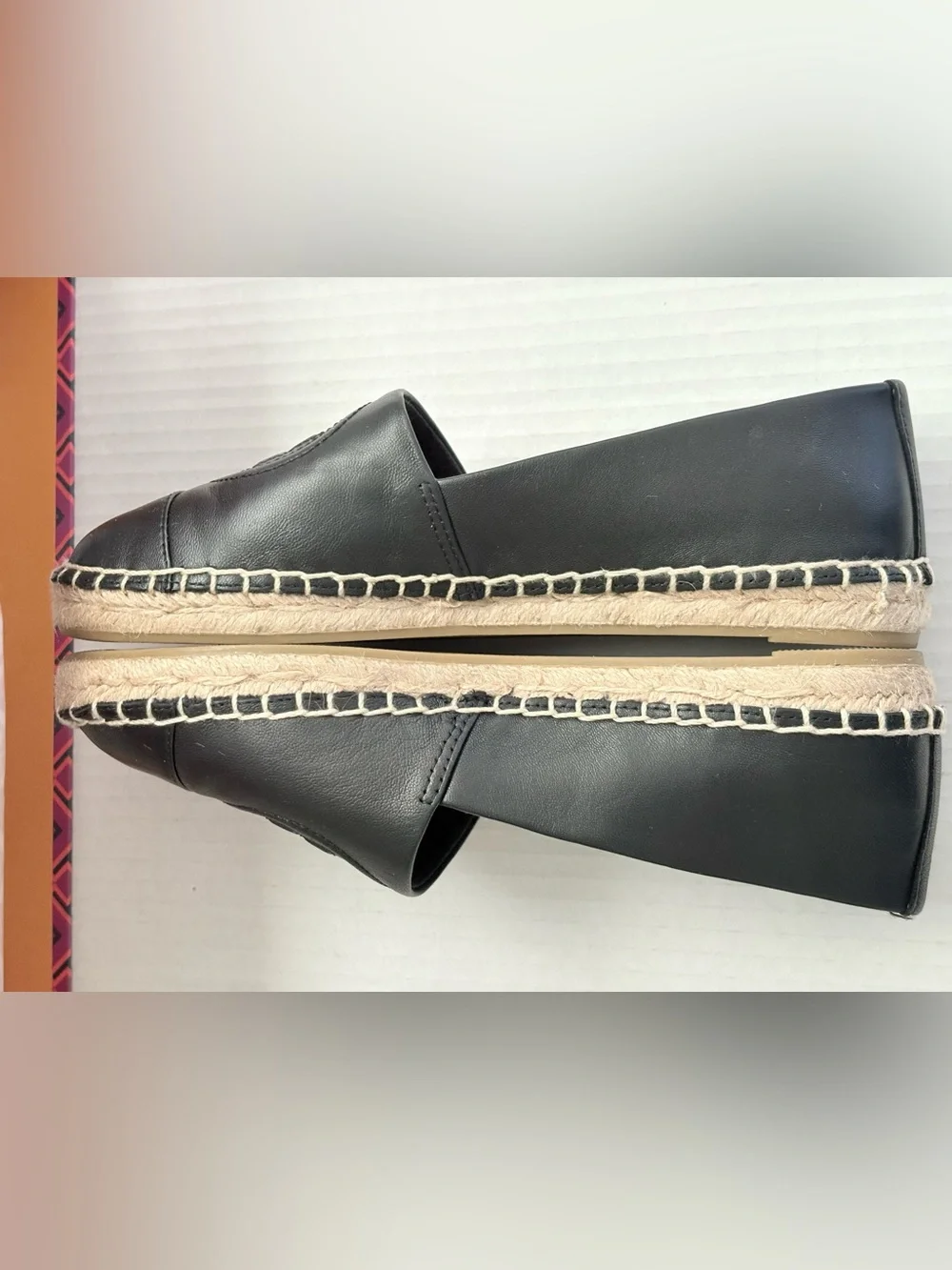 Tory Burch Benton Black Leather Espadrille Slip-Ons with Logo Medallion Size 5